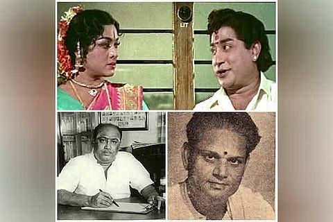 (T) Padmini and Sivaji Ganesan in the film Thillana Mohanambal, (B) AP Nagarajan, KothamangalamSubbu