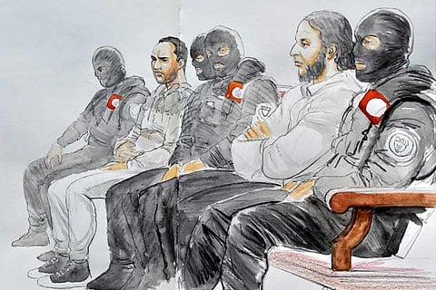 A court artist drawing shows Salah Abdeslam, one of the suspects in the 2015 IS attacks in Paris