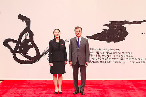 South Korea's President Moon Jae-in poses with North Korean leader Kim Jong Un's sister Kim Yo Jong