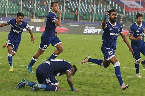 Chennaiyin FC?s Mohammad Rafi celebrates after scoring the equaliser against Jamshedpur FC