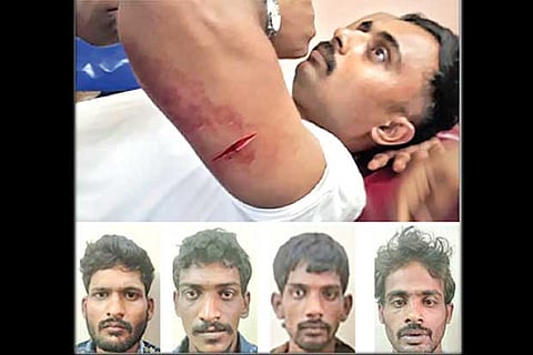 The injured sub-inspector (top); Dayalan, Siva, Sugu and Vinothkumar, who were arrested for attack
