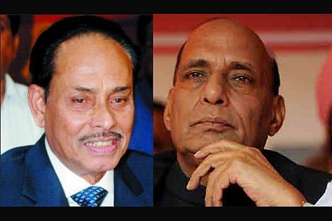 Former Bangladesh president Hussain Muhammad Ershad (L); Home Minister Rajnath Singh