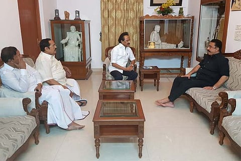 MK Stalin with Kamal Haasan, Duraimurugan and TR Balu