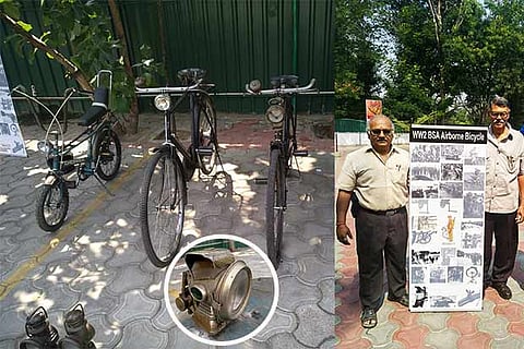 Some of the vintage cycles; Cycling Yogis founder Ramanujar (R); Vintage bicycle oil lamp (inset)