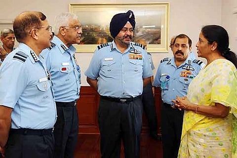 Defence Minister Nirmala Sitharaman interacts with the IAF Commanders