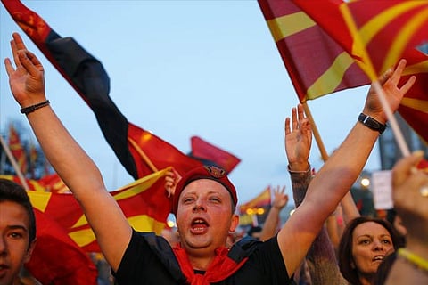 Supporters of opposition party VMRO-DPMNE take part in a protest
