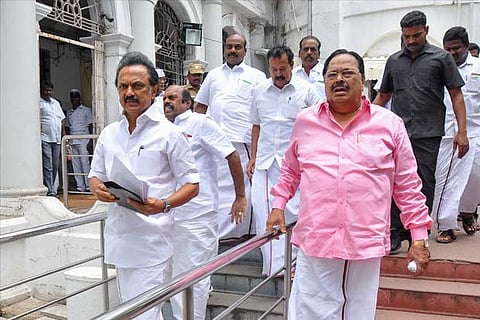 Leader of Opposition MK Stalin and Deputy Leader of Opposition Duraimurugan walking out of Assembly