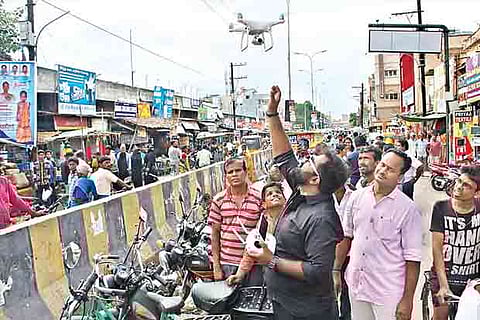 A drone being used to analyse traffic flow on Mundy Street in Vellore