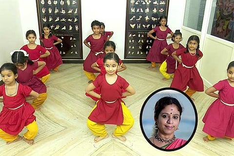 Screenshot from a video of beginners learning adavus; (inset) Sheela, dancer and guru