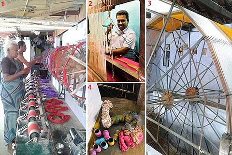 1 Spinning the yarn 2 A weaver at work 3 Handloom wheel 4 Yarn of different colours (Photo: Keerthana Balaji)