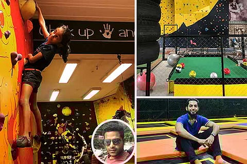 A girl trying her hand at rock climbing; (R) The colourful interiors at Fit Rock Arena