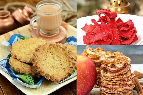 (Clockwise from left) Suhali (masala mathri), Rope thukada and Apple chips