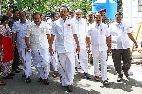 Leader of Opposition MK Stalin with his party MLAs on the Assembly complex