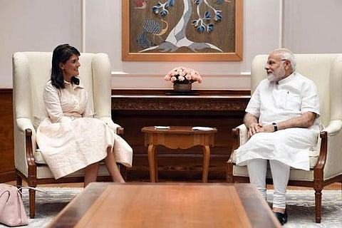 PM Narendra Modi and US permanent representative to the UN Nikki Haley (Photo: narendramodi.in)