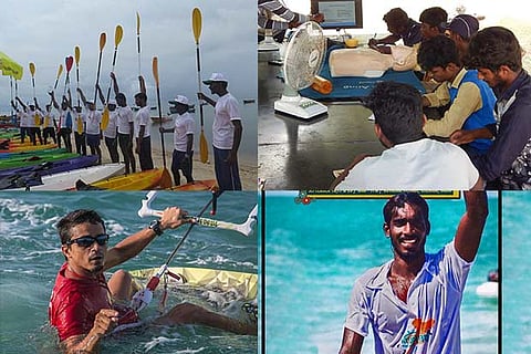 (Clockwise) Kayak rowing class, Theory classes for lifeguard course, Sekar Pichai and Jehan Driver