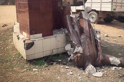 A statue of Vladimir Lenin brought down at Sabroom Motor Stand in Tripura (Image: ANI)