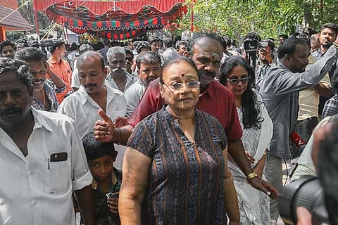 Former IAS officer Chandralekha on her way to pay respects to Natarajan in Chennai on Tuesday