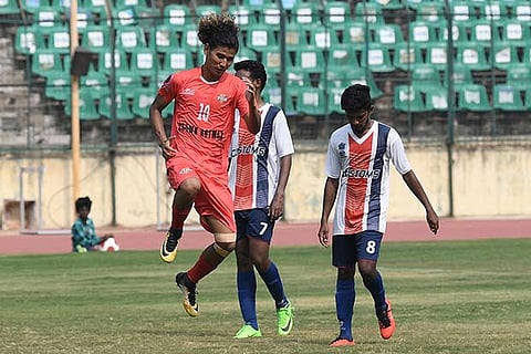 Viva Chennai?s Kimi Zhimomi (left) celebrates after scoring a goal against Chennai Customs