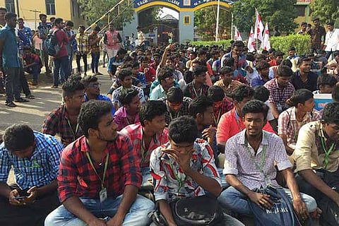 VOC College students protest the new unit of Sterlite plant in Thoothukudi on Monday