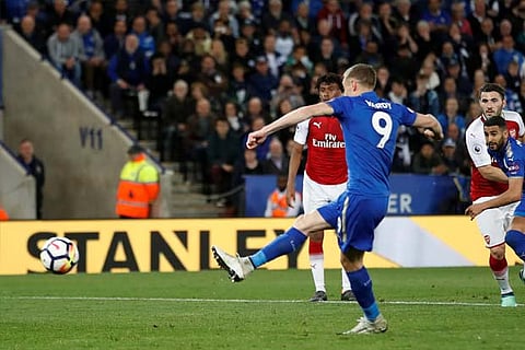 Jamie Vardy taking a shot on goal during the match against Arsenal.(Reuters)