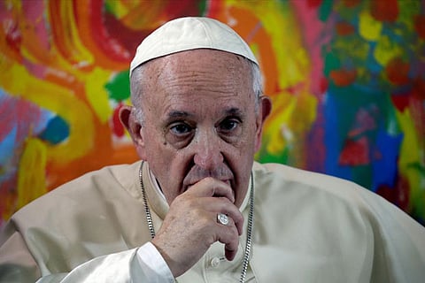 Pope Francis looks on during a meeting at the Scholas Occurrentes organisation in Rome