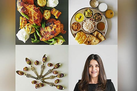 (Clockwise top) Grilled chicken with potato corn, Kerala meals, Natasha and Desi Devilled eggs
