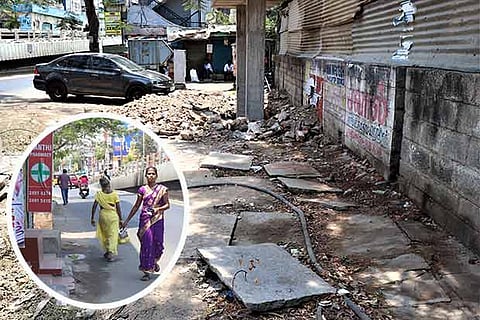 A pavement on LB Road with broken tiles; Retail outlets on the pavement space (inset)