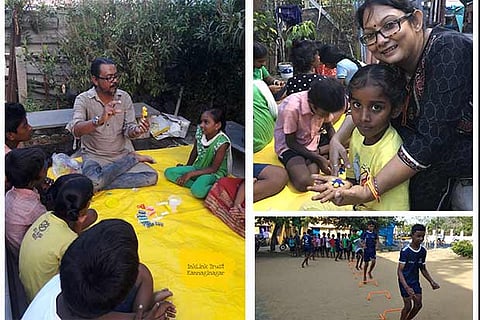 Toy-making workshop under way at Kannagi Nagar; (R) participants of boys? club in sports activities
