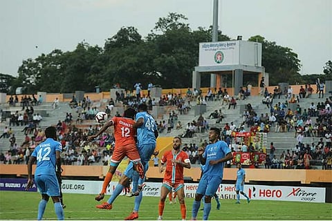 Chennai City FC and Churchill Brothers players in action during an I-League game on Thursday