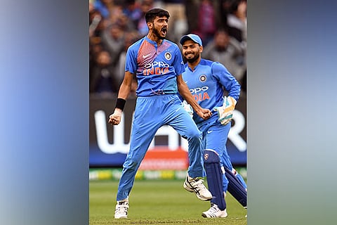 India pacer Khaleel Ahmed celebrates taking a wicket