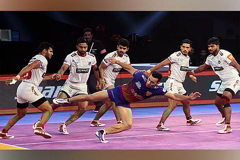Delhi?s Miraj Sheykh goes for a raid against Haryana Steelers in the PKL