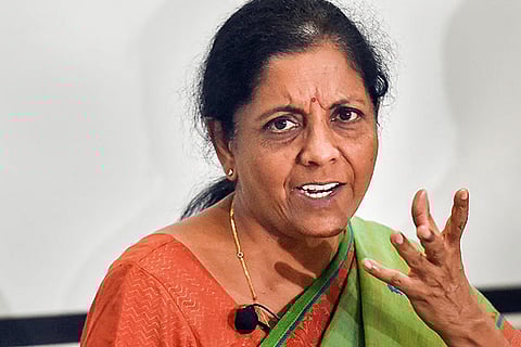 Defence Minister Nirmala Sitharaman addresses a press conference at IIM-Ahmedabad