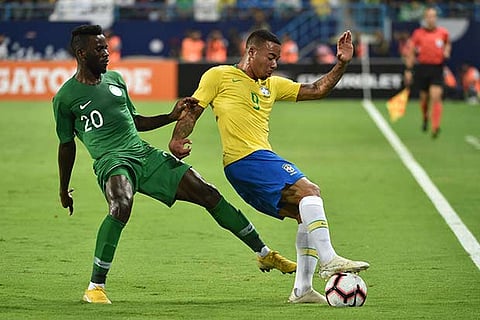 Brazil?s Gabriel Jesus (right) struck two minutes from half-time