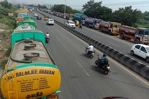 Water tanker lorries parked on Pallikaranai Radial Road due to the strike on Tuesday