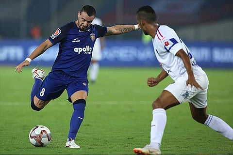 Striker Carlos Salom (left) spurned a few chances against Delhi