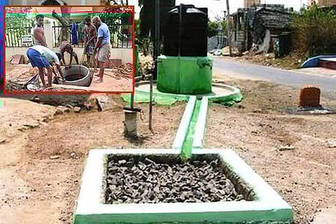 File photo of a rainwater harvesting structure; workers constructing a recharge well (inset)