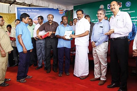 State Minister for Transport MR Vijayabhaskar poses with awardees at an event on Tuesday