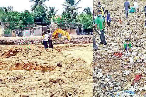 (Left) PWD officials pile up debris just before they stopped work (right) volunteers clearing up