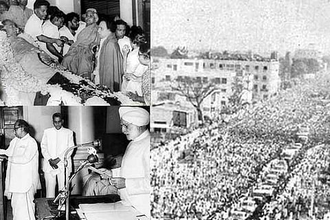 (Top left) Annadurai?s body kept at Rajaji Hall, (below) Anna during his oath taking ceremony