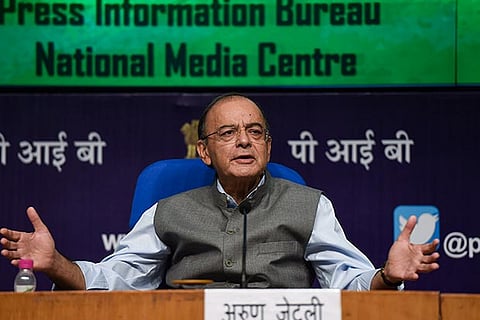 Finance Minister Arun Jaitley speaks during a press conference