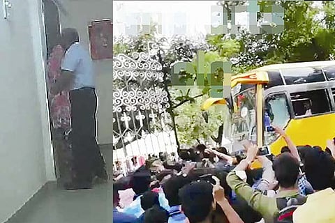 (L to R) A video grab of the sexual harassmant; students protest outside the college