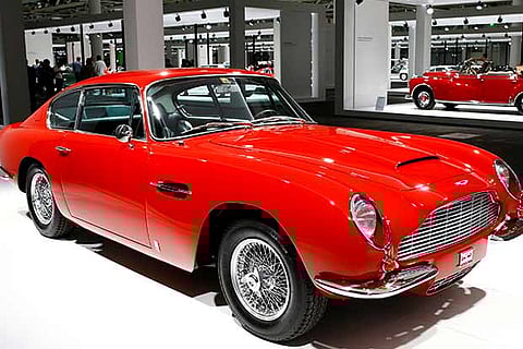 A 1966 Aston Martin DB6 coupe is displayed during a media preview of the newly launched Grand Basel