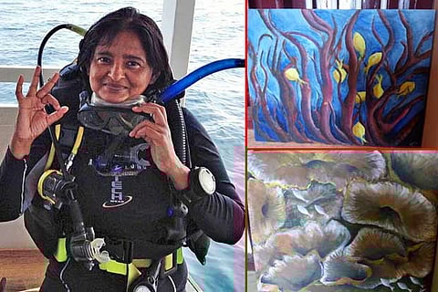 Uma Mani and his Paintings, (below) in scuba diving gear