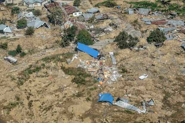 An aerial view of a city destroyed by an earthquake and tsunami in Palu, Central Sulawesi, Indonesia