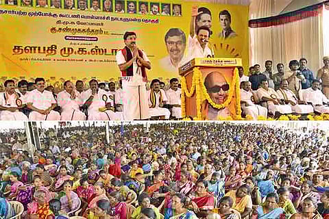 DMK president MK Stalin addressing a public meet in Pollachi on Thursday
