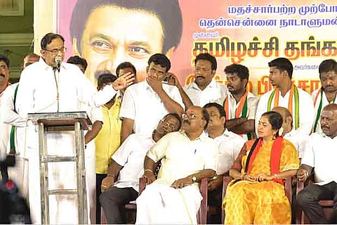 Congress leader P Chidambaram campaigning for DMK?s Tamilachi in Chennai on Monday