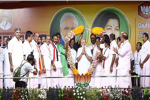 Prime Minister, Chief Minister and alliance leaders on the stage at an election rally in Coimbatore on Tuesday