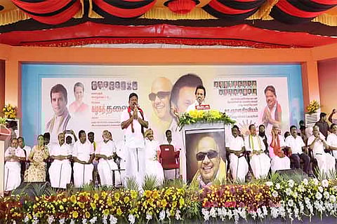 DMK president MK Stalin canvassing votes for party candidate S Gnana Thiraviam  in Tirunelveli on Tuesday