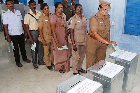 Police personnel cast their postal votes for Central Chennai constituency at Egmore on Saturday