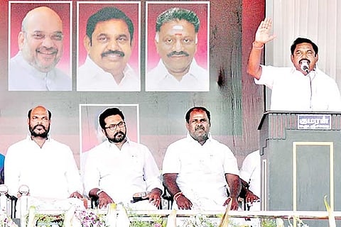 Chief Minister Edappadi K Palaniswami addresses a poll rally in Theni on Saturday